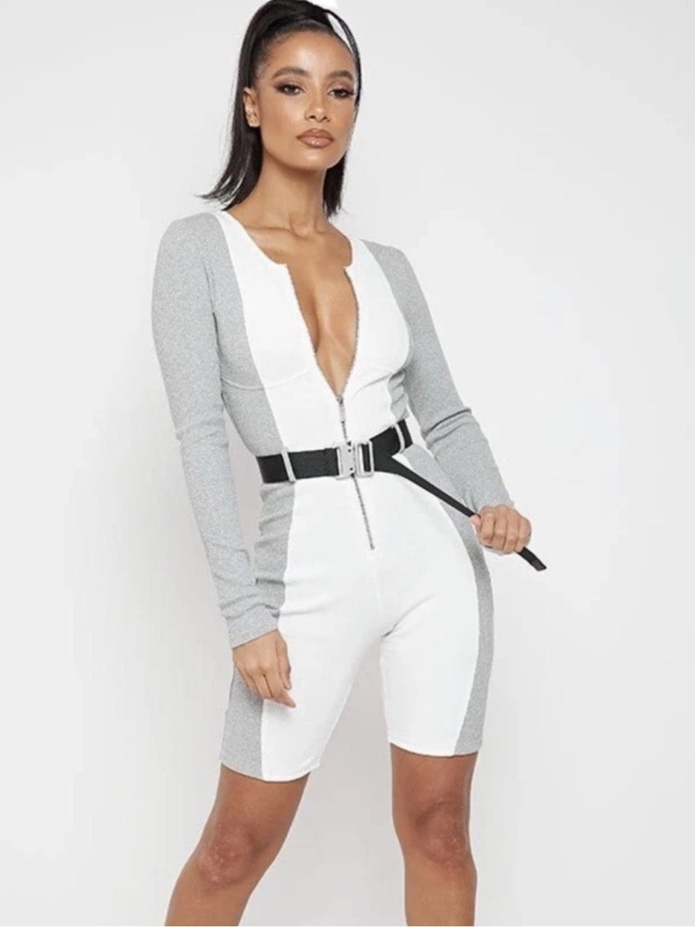 NWT Maniere De Voir Jumpsuit Ribbed Unitard Long Sleeves Iced Grey White w/ Belt